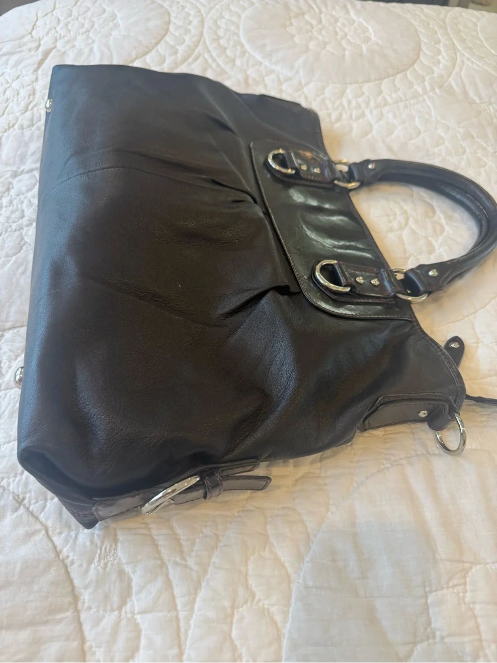 Franklin Covey Soft Black Leather Laptop Tote with Polished Silver Accents